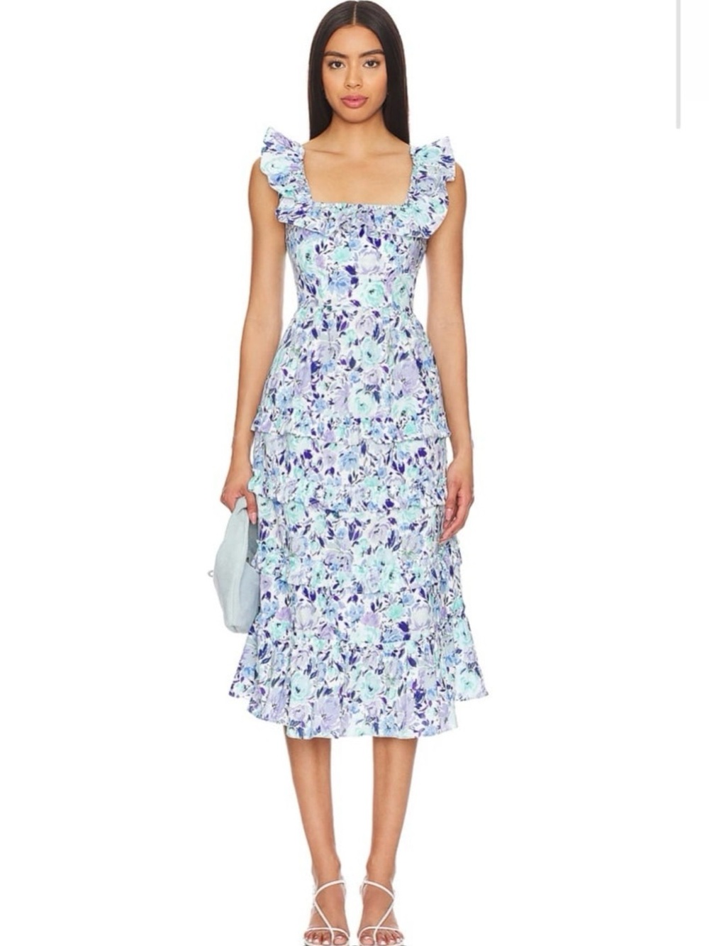 Yumi Kim Jasmine Blue Floral Midi Dress Size Small Cotton Layered Ruffle Vaca